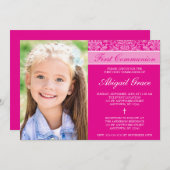 ダークピンクのダマスクの女の子の写真ファースト・コミュニオン 招待状 (正面/裏面)