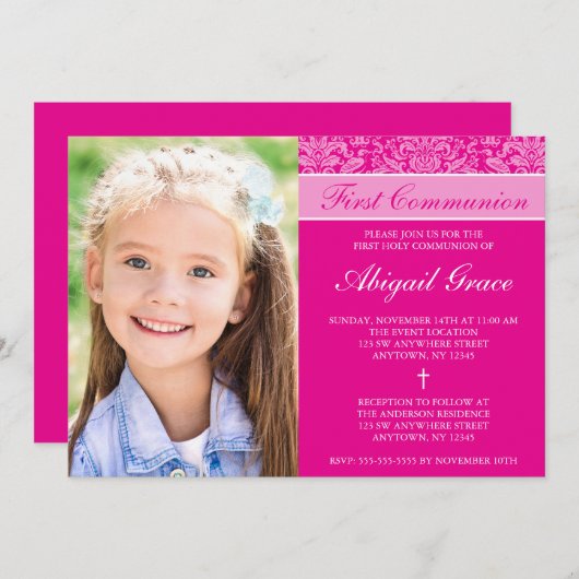 ダークピンクのダマスクの女の子の写真ファースト・コミュニオン 招待状 (正面/裏面)