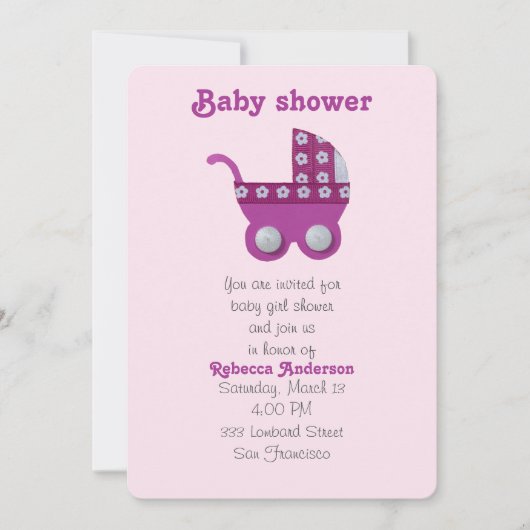 ダークピンクのベビーカーのベビーガールシャワー 招待状 (正面)
