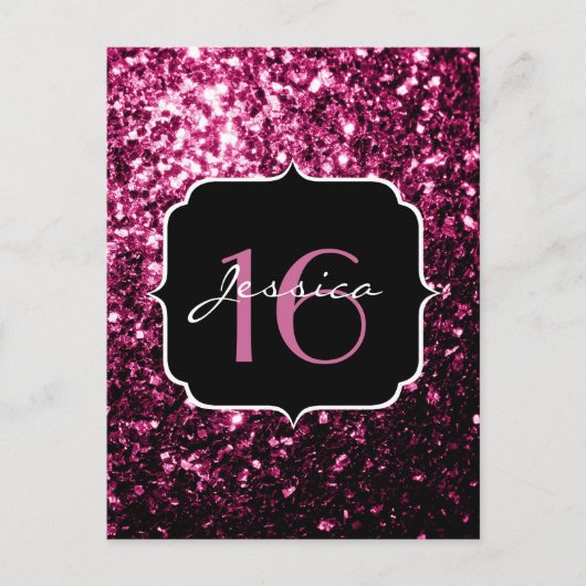 ダークピンクの偽の光るグリッターがきらきらと輝くスイート16 ポストカード (正面)