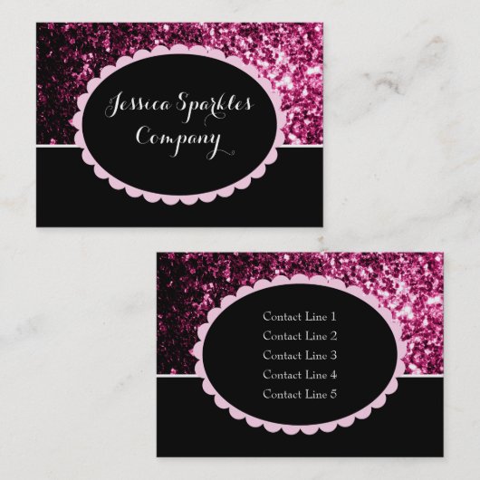 ダークピンクの光沢フェイクのあるグリッターが黒い楕円を輝かせる 名刺 (正面/裏面)