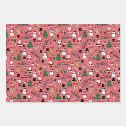 ダークピンクの可愛いクリスマス ラッピングペーパーシート (正面2)