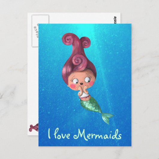 ダークピンクの髪の小さな人魚 ポストカード (正面/裏面)