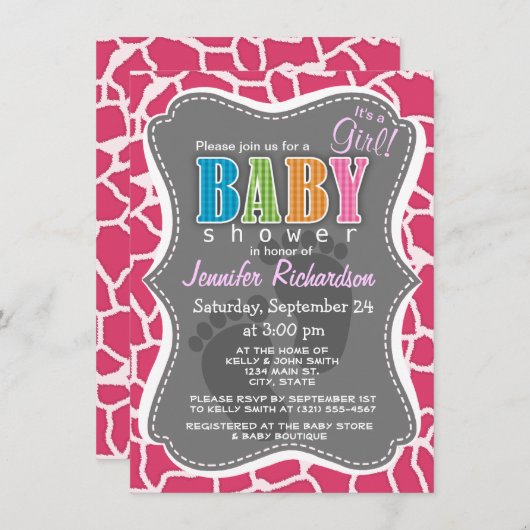 ダークピンクキリンアニマルプリント 招待状 (正面/裏面)