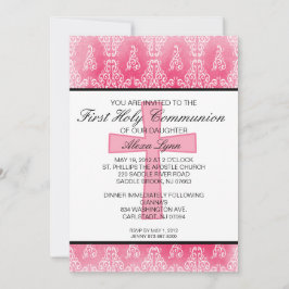 ダークピンククロスダマスクガールズコミュニオン招待状 招待状