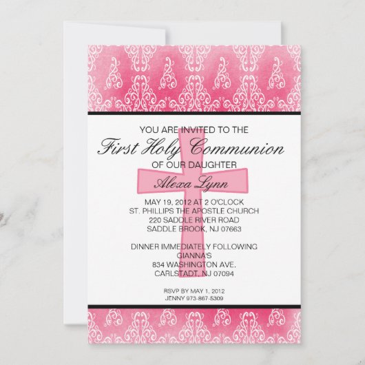 ダークピンククロスダマスクガールズコミュニオン招待状 招待状 (正面)