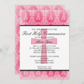 ダークピンククロスダマスクガールズコミュニオン招待状 招待状 (正面/裏面)