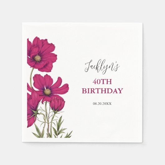 ダークピンクコスモスフローラグリーン誕生日 スタンダードカクテルナプキン (正面)
