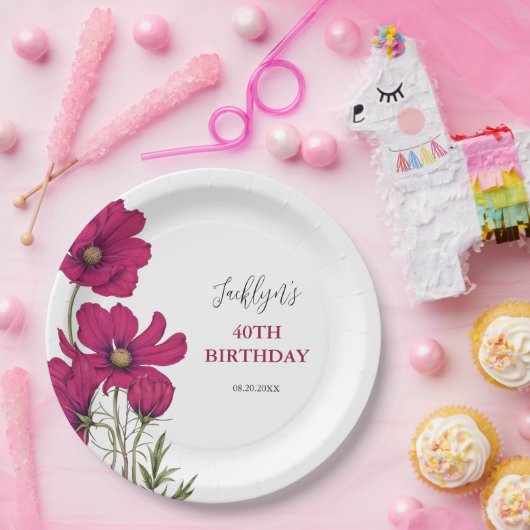 ダークピンクコスモスフローラグリーン誕生日 ペーパープレート (パーティー)