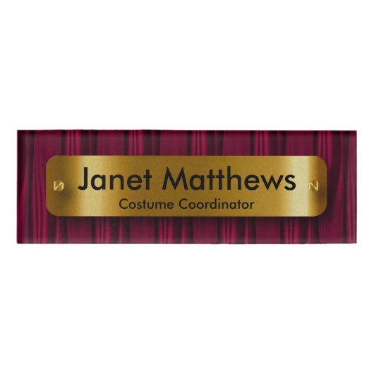 ダークピンクサテンリボンと金ゴールドラベルプレート 名札 (正面)