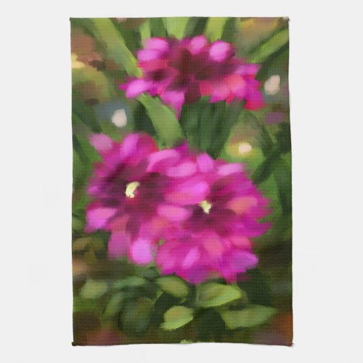ダークピンクダリアフローラ花花緑 キッチンタオル (縦)