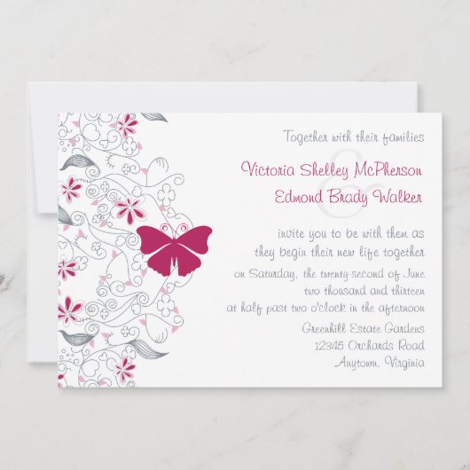 ダークピンクバタフライウィムシー結婚式招待状 招待状 (正面)