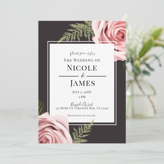 ダークピンクフローラバラ素朴シャビーシック結婚ズ 招待状 (スタンド正面)