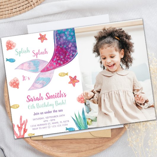 ダークピンクマーメイドテール誕生日招待状 招待状