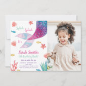 ダークピンクマーメイドテール誕生日招待状 招待状 (正面)