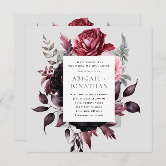 ダークピンクローズグレーフローラバイブリスクリスチャン結婚ズ 招待状 (正面/裏面)