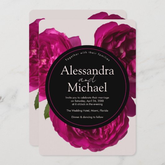 ダークピンクローゼロマンチック結婚ズ 招待状 (正面/裏面)