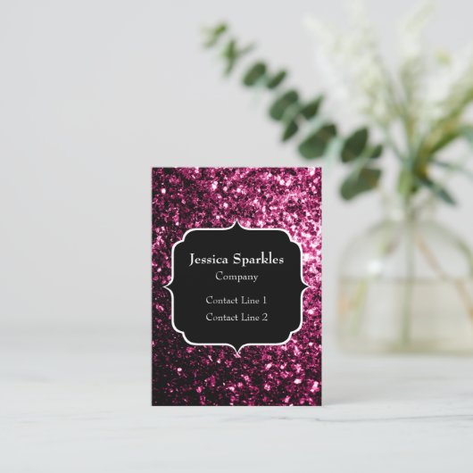 ダークピンク光沢フェイクのあるグリッタースパークルズモノグラム 名刺 (スタンド正面)