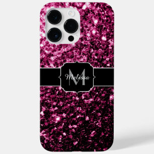ダークピンク光沢フェイクのあるグリッタースパークルズモノグラム Case-Mate iPhone 14 PRO MAXケース