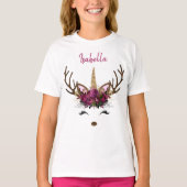 ダークピンク金ゴールドモノグラムクリスマスユニコーントナカイ Tシャツ (正面)