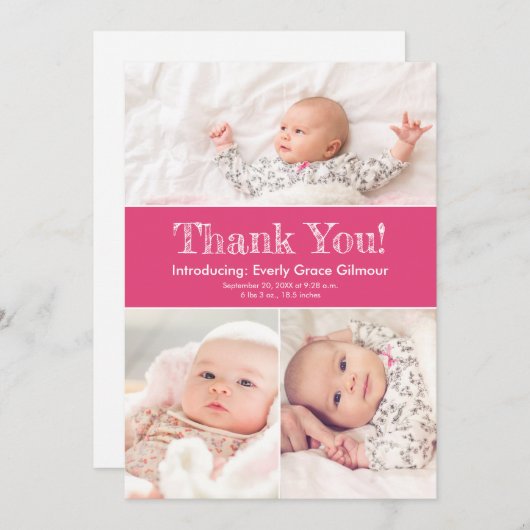 ダークピンク3枚の写真ベビーガールシャワー サンキューカード (正面/裏面)