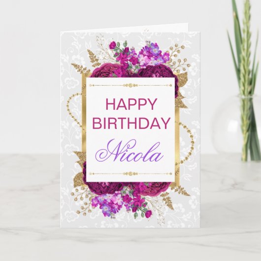 ダークピンク&パープルフラワーズ誕生日 カード (正面)