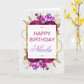 ダークピンク&パープルフラワーズ誕生日 カード (黄色い花)
