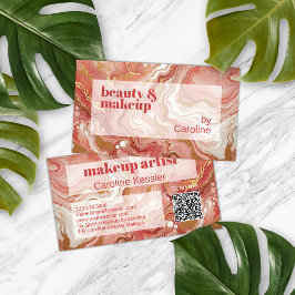 ダークピーチコーラルレッドピンク金ゴールド大理石アートパターン 名刺