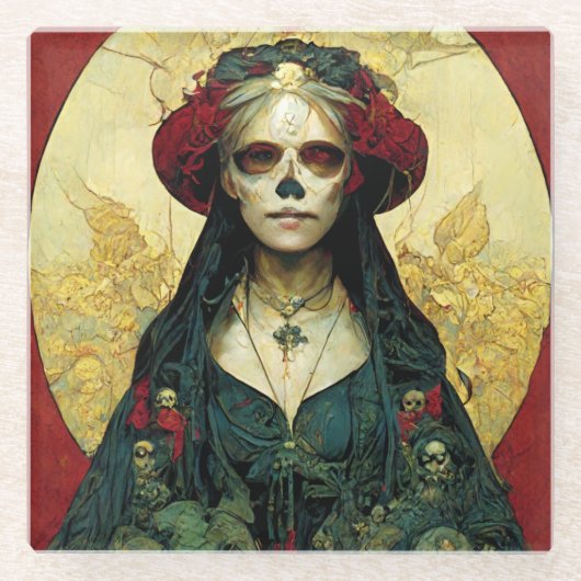 ダークファンタジーゴシックスカル女性 ガラスコースター (正面)