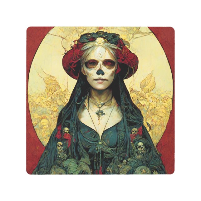 ダークファンタジーゴシックスカル女性 メタルプリント (正面)