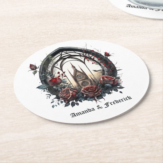 ダークファンタジー城窓ゴシックウェディング ラウンドペーパーコースター (アングル)