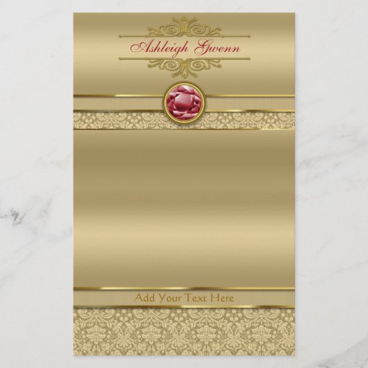 ダークフェイクルビーレッドジェムストーンメタリック金ゴールドダマスク 便箋 (正面)