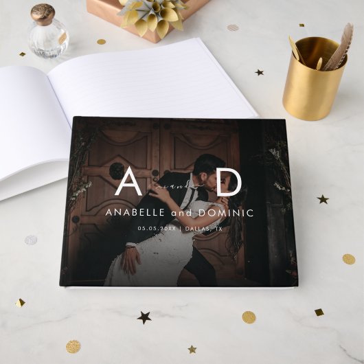 ダークフェージング写真&モノグラムエレガントブラック結婚ズ ゲストブック (正面見開き)