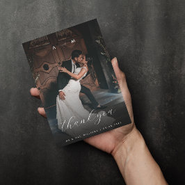 ダークフェージング写真&モノグラムエレガントブラック結婚ズ サンキューカード