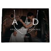 ダークフェージング写真&モノグラムエレガントブラック結婚ズ ラージペーパーバッグ (正面)