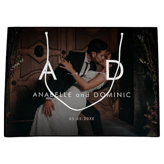 ダークフェージング写真&モノグラムエレガントブラック結婚ズ ラージペーパーバッグ (正面)
