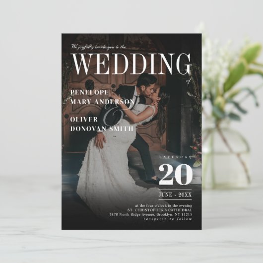 ダークフォトマガジンニュース紙エレガントウェディング 招待状 (スタンド正面)