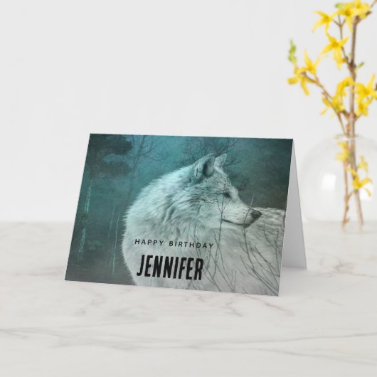 ダークフォレストの美しいグレーウルフ誕生日 カード (黄色い花)