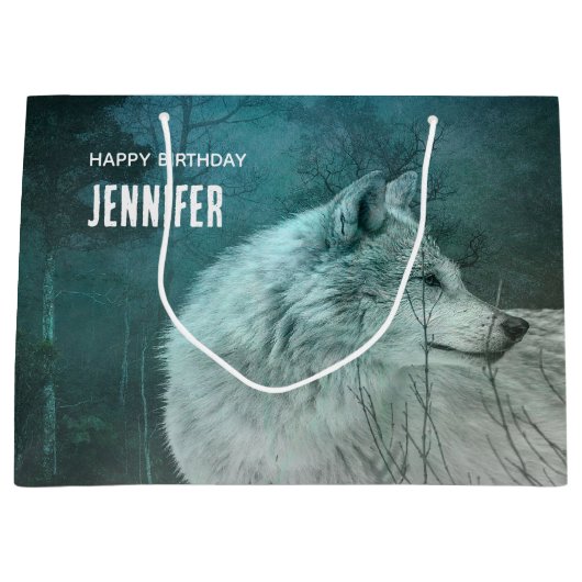 ダークフォレストの美しいグレーウルフ誕生日 ラージペーパーバッグ (正面)