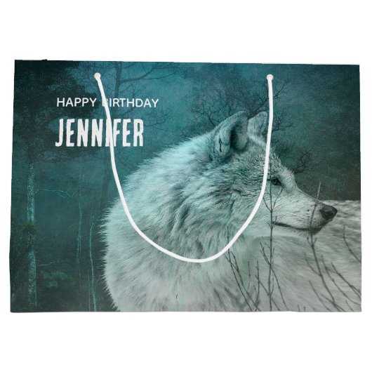 ダークフォレストの美しいグレーウルフ誕生日 ラージペーパーバッグ (裏面)