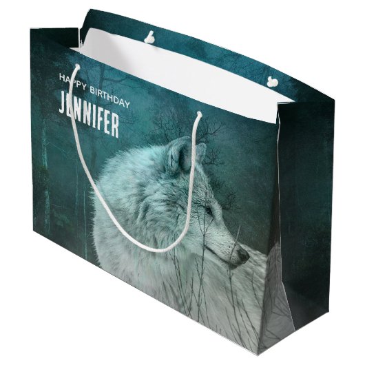 ダークフォレストの美しいグレーウルフ誕生日 ラージペーパーバッグ (裏面アングル)