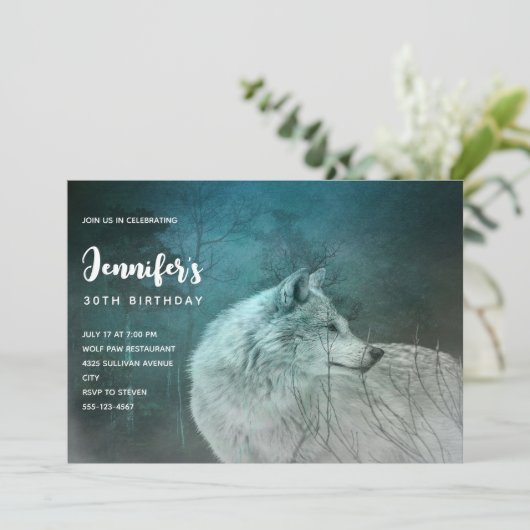 ダークフォレストの美しいグレーウルフ誕生日 招待状 (スタンド正面)