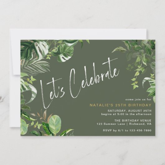 ダークフォレストグリーン熱帯テーマ任意の年齢誕生日 招待状 (正面)
