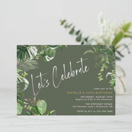 ダークフォレストグリーン熱帯テーマ任意の年齢誕生日 招待状 (スタンド正面)