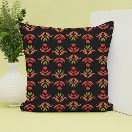 ダークフォークアートフローラプリントコージー素朴ブラック秋 クッション
