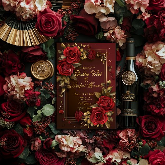 ダークフォーマルバエレガントルガンディ&金ゴールドバラ結婚ズ 招待状