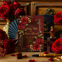 ダークフォーマルバエレガントルガンディ&金ゴールドバラ結婚ズ 招待状