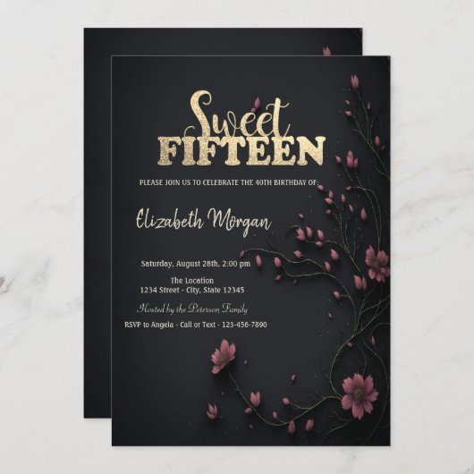 ダークフラワーゴシック5誕生日 招待状 (正面/裏面)