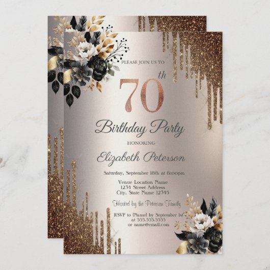 ダークフラワーズグリッタードリプスアイボリー70誕生日 招待状 (正面/裏面)