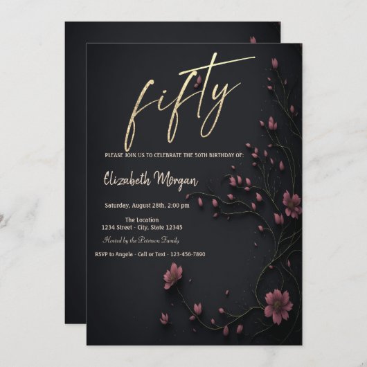 ダークフラワーズ ゴシック 50歳の誕生日 招待状 (正面/裏面)